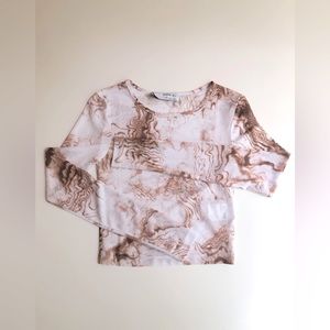 Sophie Rue Sheer White & Brown Long Sleeve Crop Top Size Small